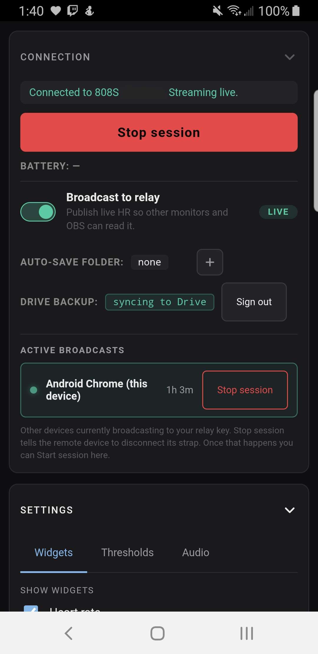 Mobile connection panel showing live broadcast status and Drive sync